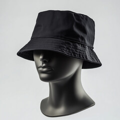 Wall Mural - mockup blank black bucket hat on mannequin head, white background, Ai Generated Images