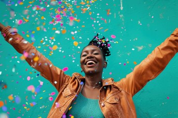 Poster - Cheerful black woman with confetti enjoying cheerful adult celebration.