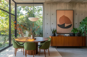 A mid-century modern dining room with an oval wooden table, green chairs, and two oak cabinets on the side wall