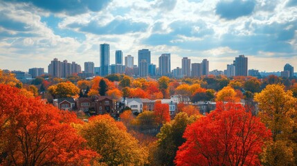 Poster - Autumn Splendor: Vibrant City Skyline Surrounded by Colorful Foliage