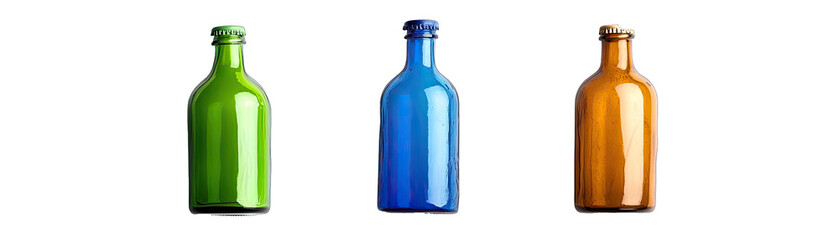 Wall Mural - Recycled Glass Bottles in Blue, Green, and Brown Colors. Isolated on a Transparent Background. Cutout PNG.