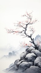 Wall Mural - Plum blossom tree on the mountain cliff outdoors painting nature.