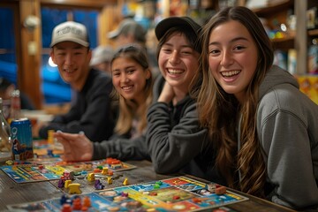 a group of people sitting at a table playing a board game. 