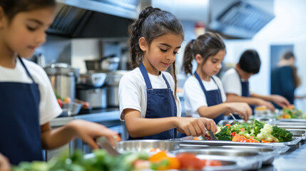 Wall Mural - Children in aprons making food together, a group of kids cooking and serving healthy dishes at a school kitchen table with a chef watching over them. 