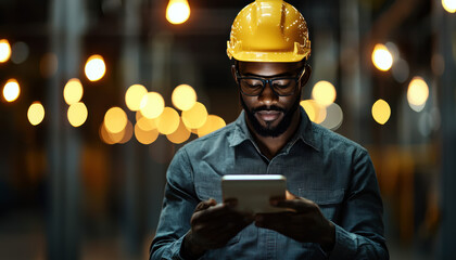 Wall Mural - A man wearing a yellow hard hat is looking at a tablet