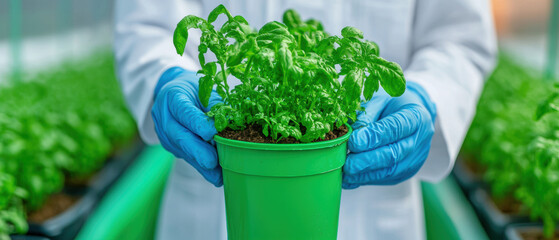 Sticker - A person wearing a white lab coat is holding a green plant in a plastic containe