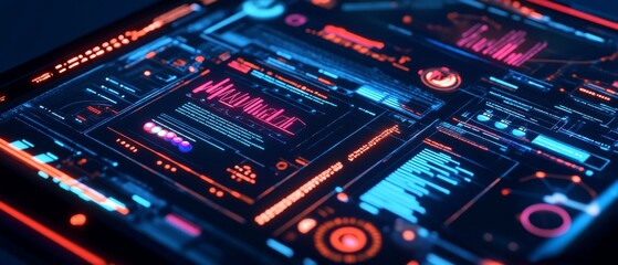 Futuristic digital dashboard displaying data analytics and trends in vibrant colors and modern design.