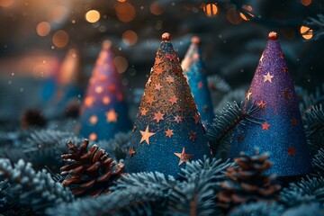 Poster - a group of cone shaped hats with pine cones. 