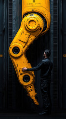 Wall Mural - A man is touching a yellow robot arm