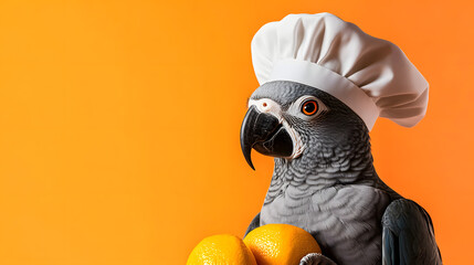 Wall Mural - Parrot in chef's hat on an orange background, place for your text