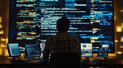 Hacker Working in Dark Room with Glowing Computer Screens