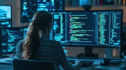 Programmer Coding in a Dark, Tech-Filled Environment