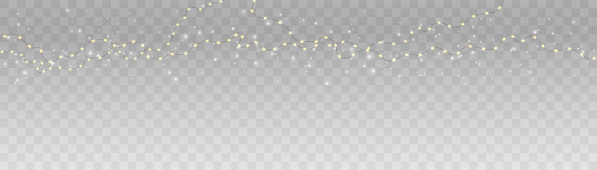 Wall Mural - Christmas lights garland. Glowing golden christmas lights new year garland on transparent background.