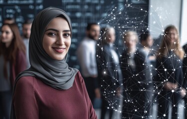 A diverse team participates in a business conference led by a Muslim woman with digital technology and colorful elements creating an innovative atmosphere