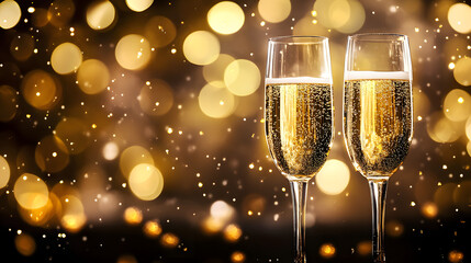 Canvas Print - Champagne for festive cheers with gold sparkling bokeh background. Glasses of sparkling wine in front of tender bright gold bokeh. Horizontal background for celebrations and invitation cards space