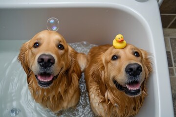 Canvas Print - Golden retrievers looking up animal pet bathtub.