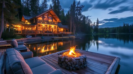 At evening a water cabin with couches and a fire pit light