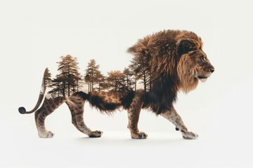 Wall Mural - Lion forest double exposure art