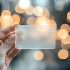 Wall Mural - hand holding blank transparent  business card/ mockup/template in blurred golden bokeh background