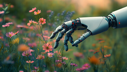 Sticker - Robot hand picking flowers in wild flower field. Robotic and nature coming together. Copy space. AI futuristic robot and Earth