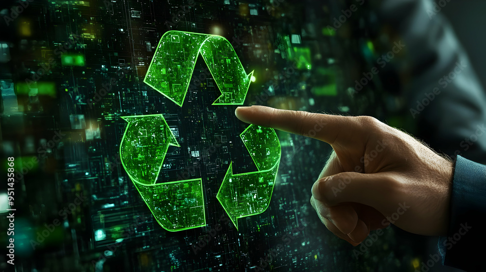 Recycle Digital Digital Green Recycle Symbol with Finger Pointing for Sustainability ...