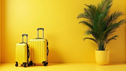 Yellow Suitcases on Smooth Floor with Potted Palm Against Bright Wall Color-Coordinated Minimalism