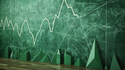 Wall Mural - Low poly, green classroom chalk board, stock charts drawn in chalk, minnimal design, gradients 