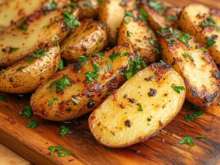 Wall Mural - Delicious roasted potato wedges with herbs and spices fresh from the oven