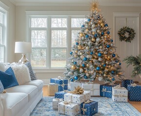Wall Mural - beautiful christmas tree decorated with blue and golden baubles standing near blue gift boxes
