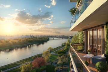 Poster - river view from balcony, wide view of a river from balcony, photo realistic, ultra realistic, 