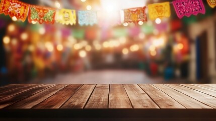 Vibrant close-up of a rainbow-striped fabric in motion blur, set against a black background with festive Mexican fiesta decorations. The scene features cinematic effects like volumetric lighting and b