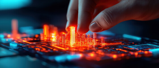 Poster - A hand is touching a glowing city on a computer screen