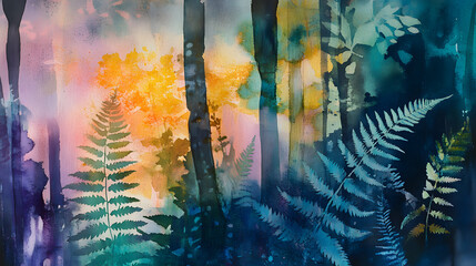 abstract watercolor forest ferns