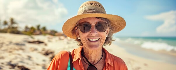 Senior woman enjoying a sunny beach day in summer