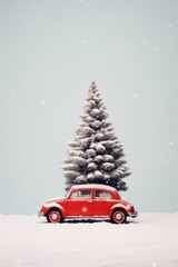 Wall Mural - A red car with a Christmas tree christmas decoration outdoors.