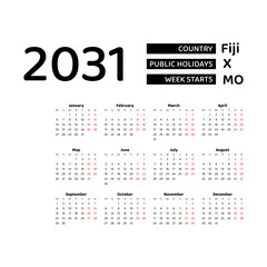 Wall Mural - Calendar 2031 English language with Fiji public holidays. Week starts from Monday. Graphic design vector illustration.