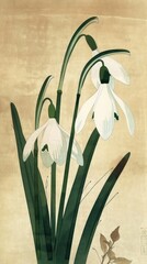 Sticker - Japanese wood block print illustration of snowdrop flower painting plant art.