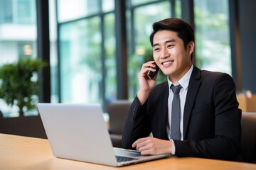 Poster - Asian young business man sales manager making phone call laptop computer talking.