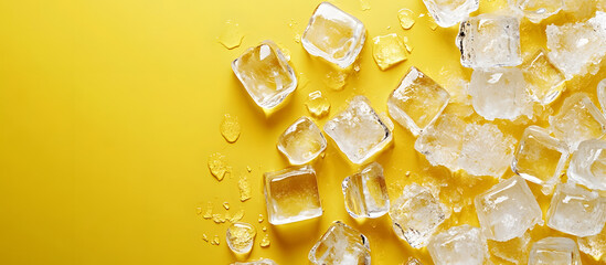 Sticker - Flat lay of transparent ice cubes on a yellow backdrop with ample copy space image