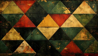 Wall Mural - Distressed Geometric Pattern with Red, Green, and Gold Triangles