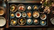 © Benjawan - Traditional Japanese kaiseki meal with multiple small dishes featuring seasonal ingredients, artfully arranged on a lacquered tray, elegant fine dining atmosphere, copy space for stock photo with