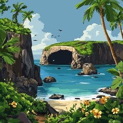 Wall Mural - Tropical coastal paradise with lush greenery, palm trees, a secluded beach, and a large sea cave surrounded by turquoise waters