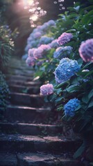 Wall Mural - a stair by a swimming pool, A long row of hydrangea bushes, the flowers come in pink and blue colors