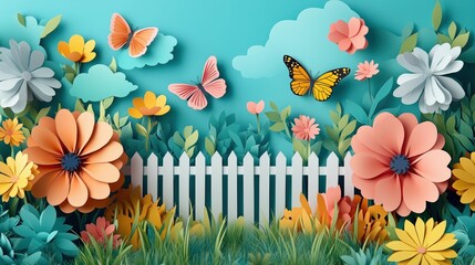 Wall Mural - detailed paper cut style garden with blooming flowers, butterflies, and a picket fence, vibrant colo