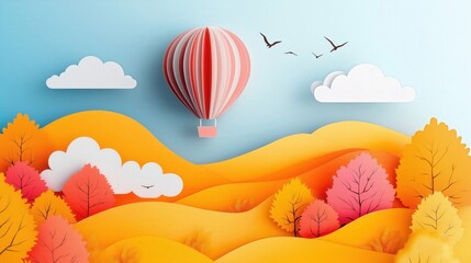 Wall Mural - whimsical paper cut style hot air balloon floating over a colorful landscape, with clouds and birds 