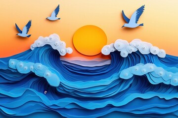 Wall Mural - paper cut style ocean wave crashing against the shore, with seagulls flying and the sun setting in t