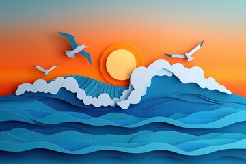 Wall Mural - paper cut style ocean wave crashing against the shore, with seagulls flying and the sun setting in t