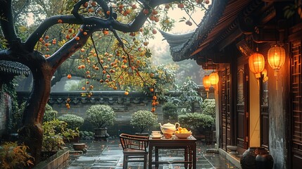 Wall Mural - Chinese style courtyard, dusk, beautiful table, tea set, chair, a huge persimmon tree in the corner, after rain. Generative AI.