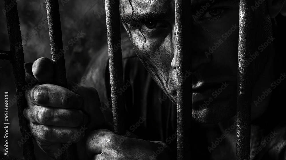 man in prison behind bars Stock Photo | Adobe Stock