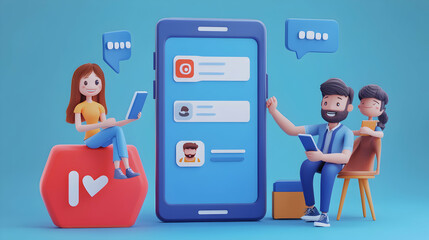 3D illustration of a man and woman using a smartphone.